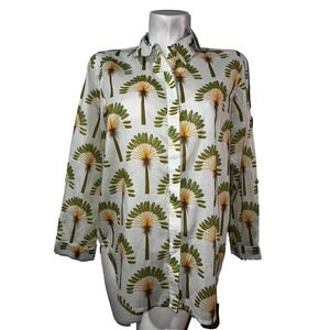 New Haute Top Hippie Palm Tree Print Button Shirt Womens Sz M White Green Orange